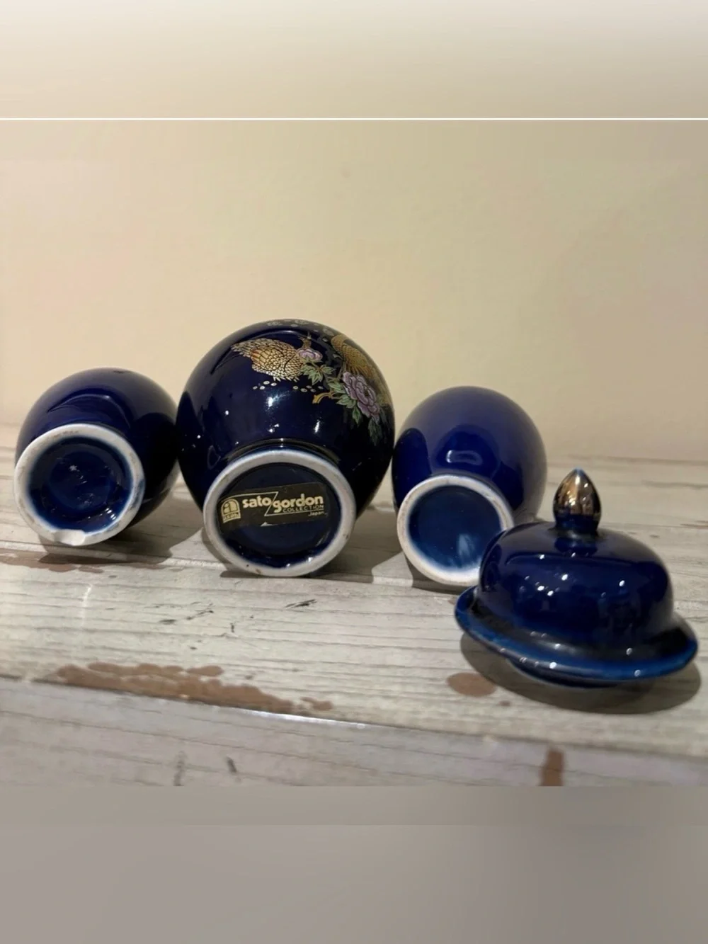 Sato Gordon Japan Cobalt Blue Peacock Floral Ginger Jar & Vases Set C